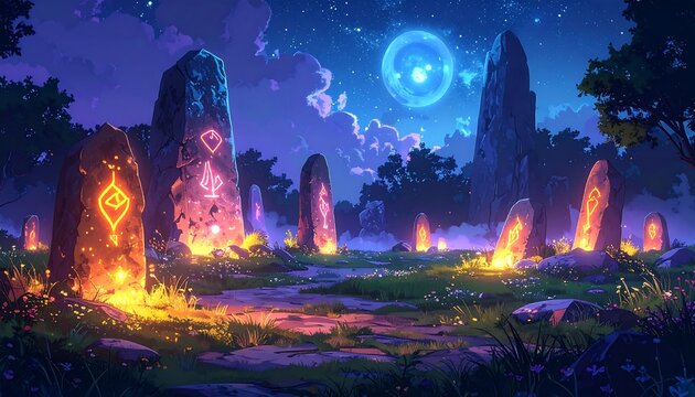 Mystical stone circle at night, luminous runes glowing with an ethereal light under a starry sky and distant moon