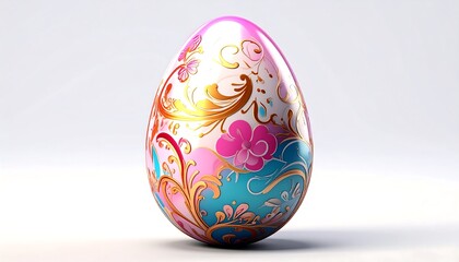 Ornate Easter egg. Pink, blue, and gold floral designs cascade across its glossy surface, set against a white background