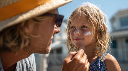 A father gently applies sunscreen on his smiling daughter at the beach. The sun shines brightly on a warm summer day. They share a joyful moment surrounded by sand and water.