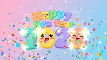 A colorful digital illustration of Happy New Year 2026 with cartoon emojis and confetti on a pink and blue background, conveying a joyful and festive mood. - Powered by Adobe