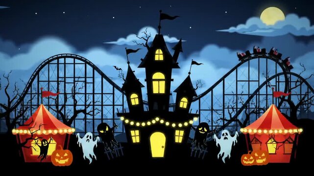 Halloween night theme park with a haunted castle, a roller coaster, and spooky elements. Potential for festive promotions