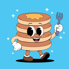 Retro Cartoon Pancake Walking with a Fork
