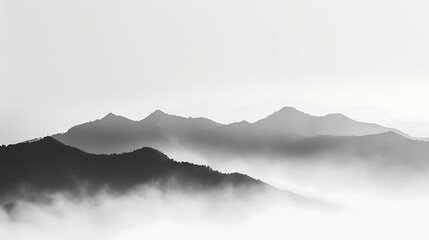 Misty mountain peaks in a serene black and white landscape with soft fog