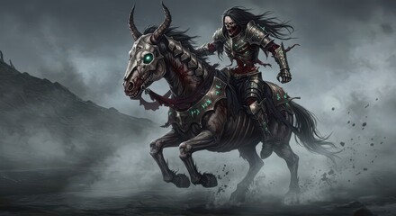 Undead skeletal warrior clad in dark armor rides a spectral equine creature through a misty wasteland