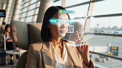 Young woman interact with augmented reality smart glasses in modern airport lounge working or traveling - Powered by Adobe