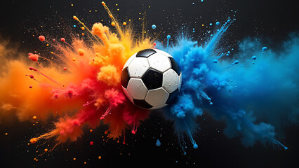 Fototapeta premium Classic soccer ball explodes through red, orange, and blue powder—dark backdrop intensifies motion and impact. 