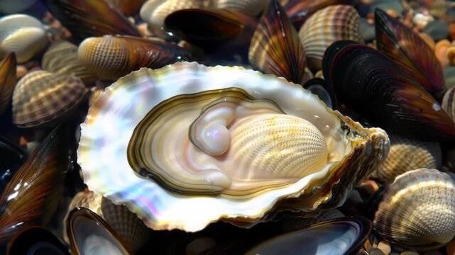 Open oyster with pearl inside, surrounded by other shells, with ocean water background for illustration
