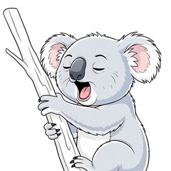 A cute, stylized koala with closed eyes and an open mouth is clinging to a tree branch, appearing to yawn.