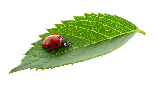 Red and black ladybug or ladybird beetle on a green leaf, a macro close-up shot showcasing the small insect in nature during spring or summer