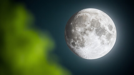 Obraz premium A stunning view of the moon shining brightly against a dark sky, surrounded by lush greenery.