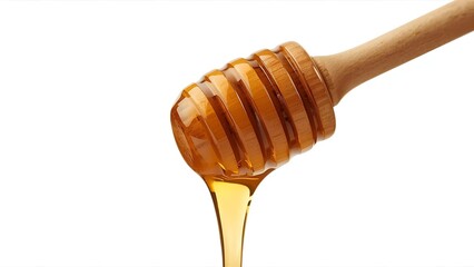 Wooden honey dipper dripping thick golden honey, close-up on white background.