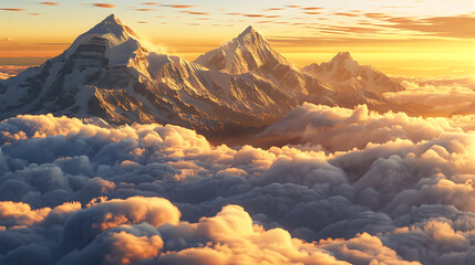 Majestic snow capped mountain peaks emerge from a sea of soft golden clouds at sunrise