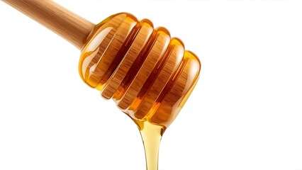 Wooden honey dipper dripping thick golden honey, close-up on white background.