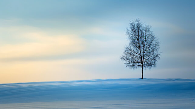 Solitary bare tree stands on a snow covered hill under a soft pastel sky