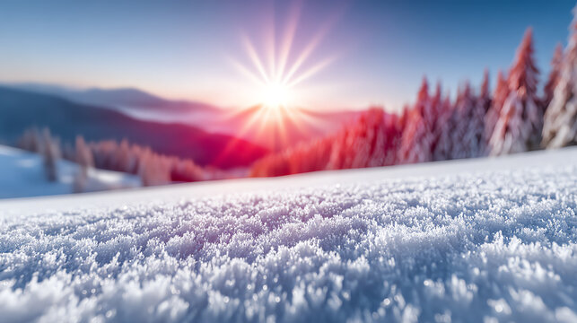 A stunning winter landscape featuring a snowy foreground and a beautiful sunrise illuminating the frosted trees.