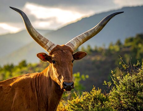 A regal brown horned animal with a striking backdrop of hills
