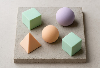 A Minimalist flat-lay still life photograph of five perfectly arranged geometric pastries, cubes, spheres, pyramids in soft, pastel colors  like mint, peach, lavender on a rough concrete slab.
