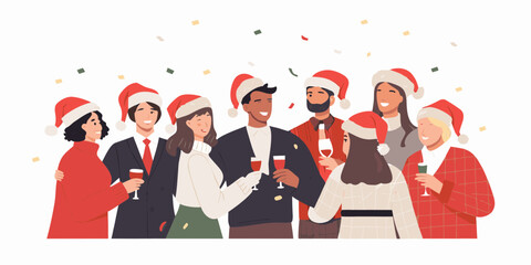 Diverse group of friends and colleagues celebrating christmas and new year with drinks and confetti