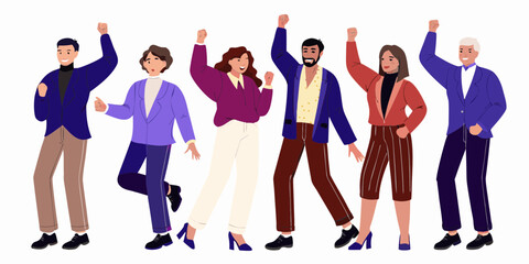 Diverse group of smiling business people celebrating success with raised fists and joyful expressions