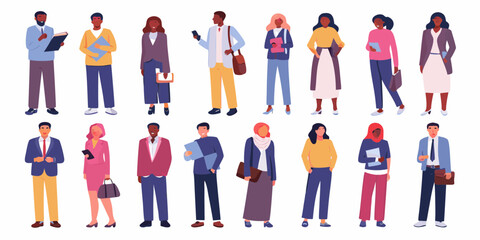 Diverse group of professional men and women standing together in business attire holding documents and bags