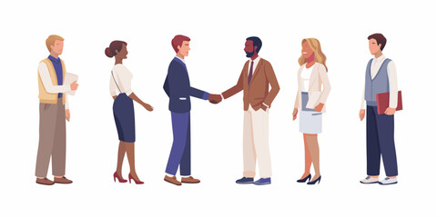 Diverse group of business professionals in smart casual attire interacting and shaking hands on white background