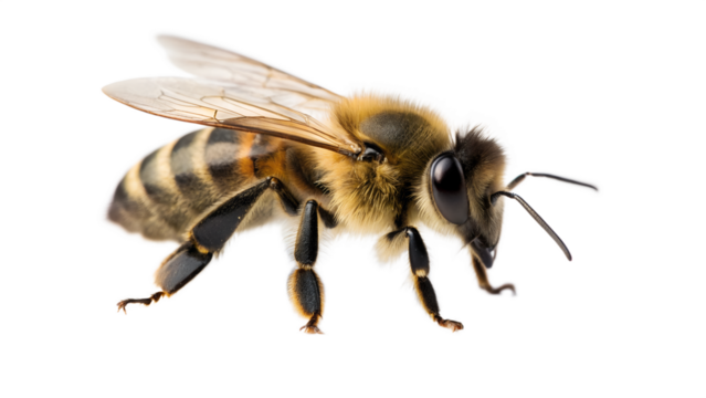 Macro photo of a single bumblebee or honeybee isolated on a white background with yellow and black markings and transparent wings