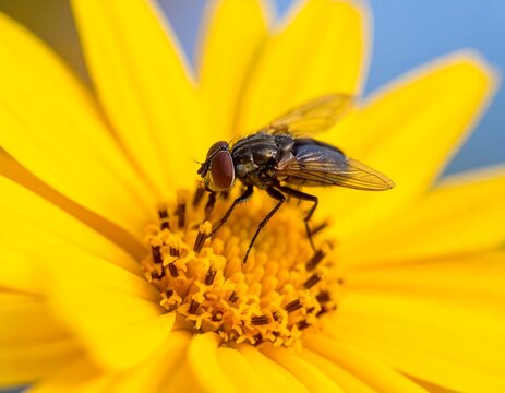 Macro shot of a fly on a bright yellow daisy, close-up focus