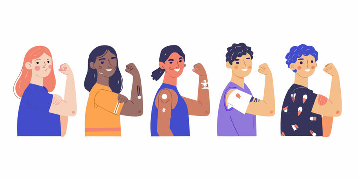 Diverse group of people flexing their arms showing vaccination patches and bandages celebrating health and immunity