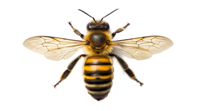 Macro photo of a yellow and black wasp insect with wings isolated on a white background