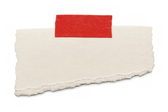 Torn blank paper scrap with rough edges attached by red adhesive tape for messaging on transparent background