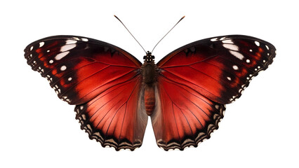 Naklejka premium A red butterfly with black spotted wings is isolated on a clean transparent background.