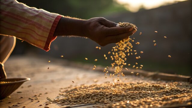 Hand gently sifts through grains in serene Indian setting highlighting ecotourism and sustainable agriculture
