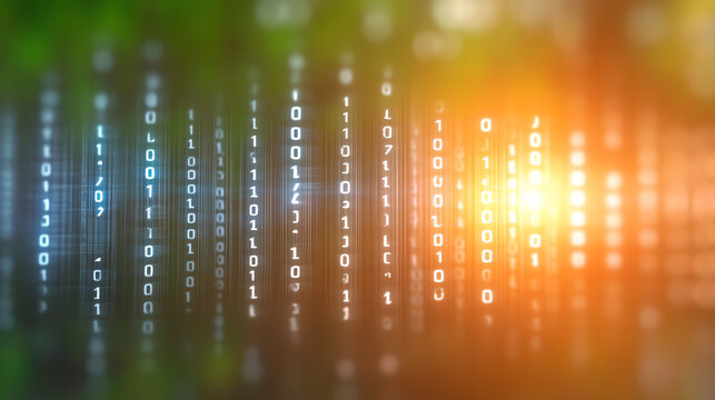 Abstract digital background with binary code and glowing light effects.