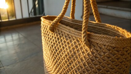 Obraz premium Woven jute bag glows warmly in sunlight, embodying India eco friendly tourism ethos