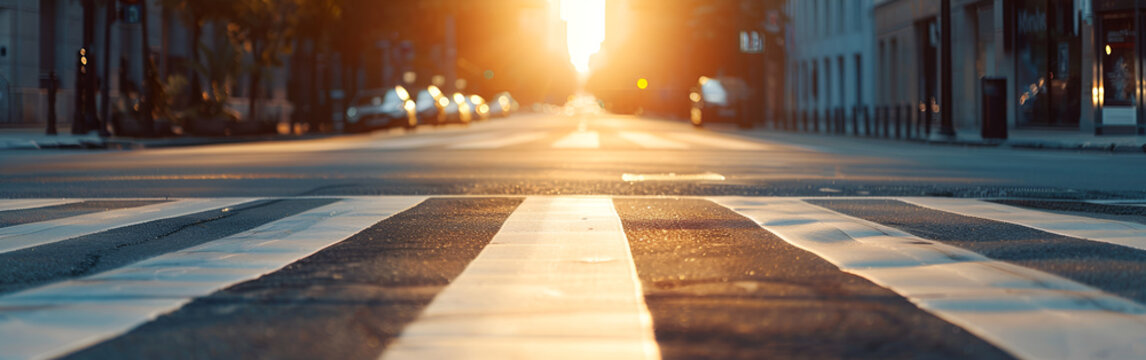 Golden hour sun illuminates a city street crosswalk, creating a warm, inviting urban scene