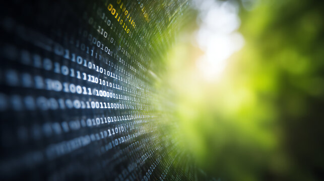Abstract digital data representation with green bokeh background, symbolizing the fusion of technology and nature.