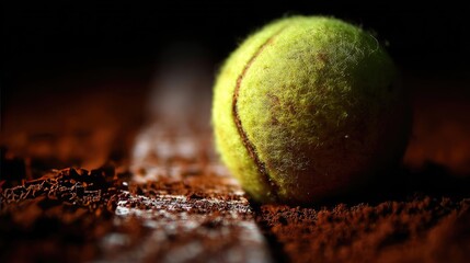 Tennis ball hitting the line on a clay court concept. Close-up of a tennis ball resting on clay court surface.