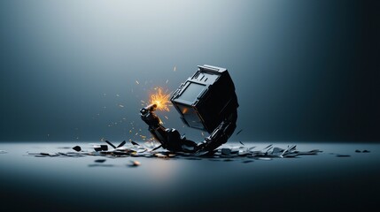 Metallic arm shattering a cube, sparking with energy, debris scattered on surface, dramatic lighting