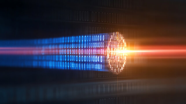 Abstract digital light effect, glowing binary data stream in a captivating blend of colors.