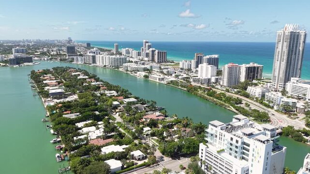 Miami Beach, Florida USA. Drone Shot of Allison Island Residential Community and Beachfront Buildings
