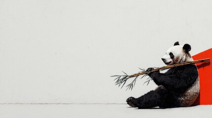 A panda sits against a white wall with a red corner, holding bamboo. The bamboo seems to be used as a musical instrument
