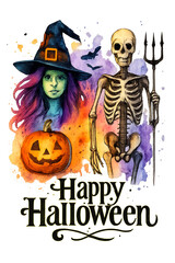 Spooky halloween illustration featuring a witch skeleton and pumpkin