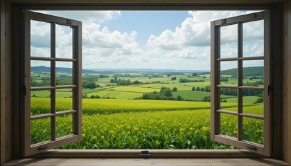 Creative concept of “window within a frame” showing green fields and sky,