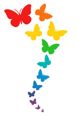 Rainbow colored butterflies flying in a swirl pattern on transparent background