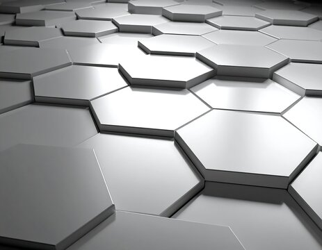 Metallic, abstract geometric pattern of interconnected honeycomb shapes
