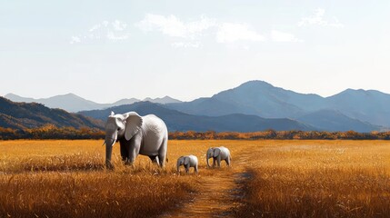 Family of elephants walks across golden grasslands towards distant mountains on a sunny day