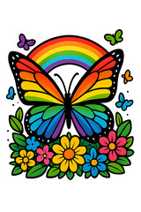 Vibrant rainbow butterfly with colorful flowers and a rainbow arc
