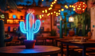 Neon cactus design for a Mexican-themed celebration, illuminated with colorful lights. A bold, modern take on traditional dcor for special events like Day of the Dead or Cinco de Mayo, Generative AI