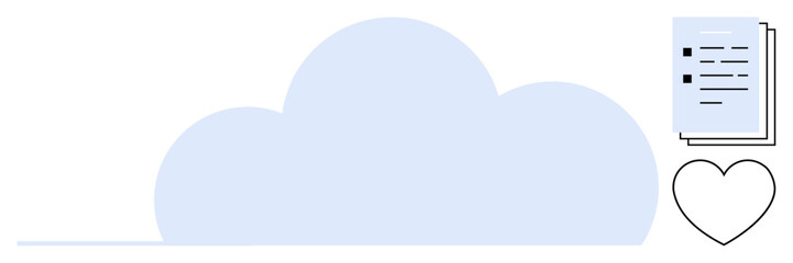 Large cloud shape with document stack and heart symbol. Ideal for technology, cloud storage, organization, data sharing, file backup, user experience, communication simple flat metaphor