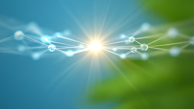 Abstract representation of light beams and particles creating a dynamic energy effect in a serene background.